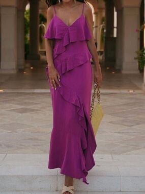 Zara Magenta Ruffle Spaghetti-Strap Maxi Dress